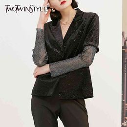 Mesh Patchwork Diamonds Blazer For Women V Neck Long Sleeve Plus Size Black Jackets Female Autumn Fashion 210524