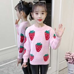 Girls Sweater Kids Baby's Coat Outwear 2021 Strawberry Plus Velvet Thicken Warm Winter Autumn Knitting Tops Pure Cotton Children Y1024