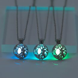 Hollow Tree of Life Glow In The Dark Necklace Fluorescent Light Diy Locket Pendant Necklaces chain for wome kids fashion jewelry will and sandy blue green