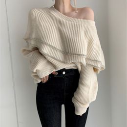 Autumn Knit Sweater Women Black Beige Long Sleeve O-neck Knitted Loose Ruffles Korean Female Winter Warm Soft Sweaters 210514