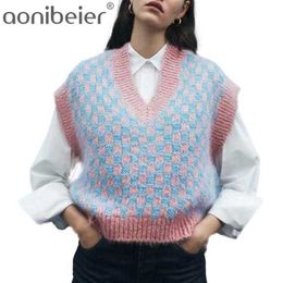 Spring Autumn Cropped Cable-Knit Sweater Vest Vintage V Neck Female Waistcoat Tops Pull Sans Manche Winter Pullover 210604