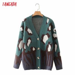 Tangada Women Elegant Green Leopard Cardigan Vintage Jumper Lady Fashion Oversized Knitted Coat 3F31 211018