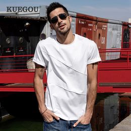 KUEGOU 100% Cotton Men's T-shirt Short Sleeve Fashion pure colour Solid Embroidery Tshirt Summer Patchwork Top Plus Size 90076 210524