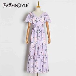Print Ruffles Party Dress Women V Neck Puff Short Sleeve High Waist Lace Up Dresses For Female Clothes Fashion 210520
