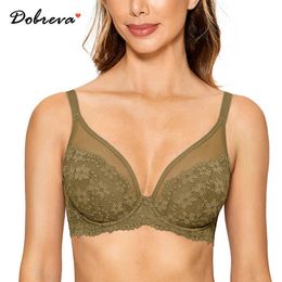 DOBREVA Women's Full Coverage Lace Bra Lightly Lined Plus Size Minimizer Underwire Bralette 210623