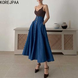 Korejpaa Women Dress Sets Korean Chic Sexy V-neck Sling Vest with High-waisted Single-row Buttonslarge Pendulum Denim Skirt 210526