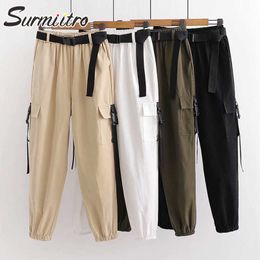 SURMIITRO Korean Ankle Cargo Pants Women With Belt Black White Khaki Cotton Female Harem Pants High Waist Trousers Femme 210712