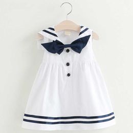 New Girls Dress 2021 Summer Sailor Suit Bow Button Decoration for Girl Kids Dress Suit for 3-7 Years Children Clothing Q0716