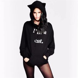 Cat Ear Hoody Sweatshirts Kawaii Hoodie Women Style Letter Printed Long Sleeve Tracksuits Black Hoodies 210607