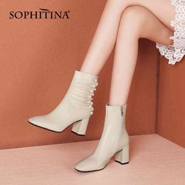 SOPHITINA Fashion Ankle Boots Casual Spring Autumn Pleated Square Toe Zipper Boots Genuine Leather Non-slip Women's Shoes SO676 210513