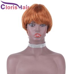 Blonde Straight Short Human Hair Wig With Bangs Pixie Cut #30 Medium Auburn Brazilian Virgin Glueless Bob Wigs Natural Fringe For Black Women
