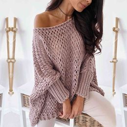 Women's Autumn Style Crocheted Slash Neck Bat Sweater Hollow Loose Top Womens knitted Batwing Sleeve Sweater pullovers 210514