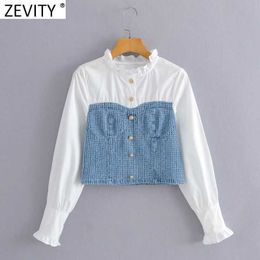 Zevity Women Sweet Agaric Lace Ruffled Patchwork Denim Short Smock Blouse Female Fake Two Pieces Shirts Chic Blusas Tops LS9327 210603