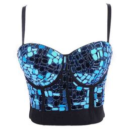 Red Nightclub Show Costume Plus Size Female Shiny Lens Top Vest Nightclub Bralette Women Bra Top Stage Costumes Sexy Clothing X0726