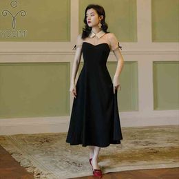 YOSIMI Summer Midi Long Women Dress Short Sleeve Vintage Party Elegant Puff Fit and Flare Black es 210604