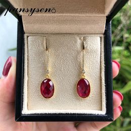 PANSYSEN 18K Gold color Vintage oval Ruby Gemstone dangle drop earrings for women 925 sterling silver Anniversary Christmas gift 210317