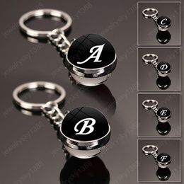 Classic Black A-Z 26 English Letters Keychain Simple Initial Name Double Side Art Photo Glass Ball Key Ring Couple Birthday Gift