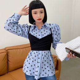 [EWQ] New Summer Apricot Gentle Polka-dot Shirt Female Design Sense Strap Cross Camisole Two-piece Puff Sleeve Top16F0907 210423