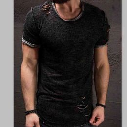 Fashion Summer Ripped Clothes Men Tee Hole Solid T-Shirt Slim Fit O Neck Short Sleeve Muscle Casual Jersey Tops T Shirts Y0322