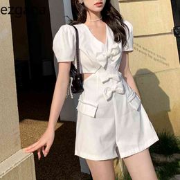 Ezgaga Women Jumpsuit Romper Bodycon Playsuit Short Sleeve High Waist Undefined Elegant Bowknot Hollow Out Wide Leg Playsuit 210430