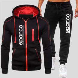Men's Sparco Tracksuits Winter Zipper Hoodie and Jogging Trouser suits Windproof Motorcycle Clothing Solid Color Running Suits 211222