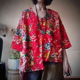 Johnature Women Print Big Red Flower Shirt Blouses Vintage Cotton Linen Autumn Three Quarter Sleeve V-neck Shirt Retro Tops 210521