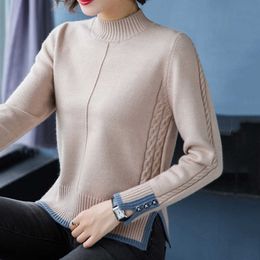 2020 Women's Autumn Spring Basic Sweaters Solid Slim Office Ladies Female Pullovers Long Sleeve Half High Collar Casual Jumpers X0721