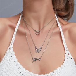 Hollow Out Heart Butterfly Pendant Necklaces Europe Multi Layer Diamond Wine Cup Clavicle Chain Women Summer Dress Animal Alloy Thin Chains Jewellery Accessories