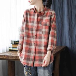 Johnature Cotton Linen Plaid Vintage Women Shirts Turn-down Collar Full Sleeve Summer Blouses Loose Pocket Casual Tops 210521