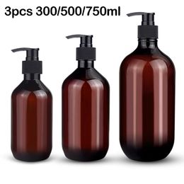 Liquid Soap Dispenser 3PCS 300/500/750ml Shampoo Bottles Brown PET Pump Empty Bottle Bathroom Shower Gel Conditioner Refillable Holder