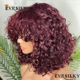 Fringe Jerry Curly Burgundy Red Short Bob Human Hair Wig With Bangs For Women Malaysia Virgin 200Density Full Machine Made Wigs