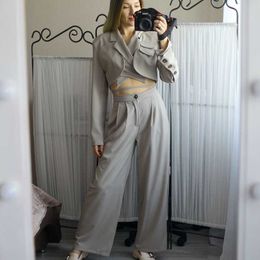 summer Korean Streetwear Two Piece Set Women Crop Top Office Lady Sexy Lace-up Short Coat + High Waist Long Pants Suits 210930
