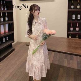 Women Casual Chiffon Midi Dresses Kawaii Short Sleeve Reffles Retro Floral Print O-neck Dress Bow Tie Vestidos 210506