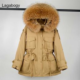 Lagabogy Winter Women White Duck Down Jacket Thick Warm Parkas Female Pocket Hooded Windproof Loose Coat Real Raccoon Fur 211126