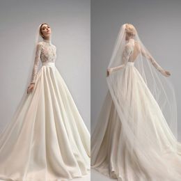 Ersa Atelier Vestidos de noiva de uma linha de cetim de manga comprida pescoço alto renda com miçangas aplicação vestidos de noiva Robe de mari e ppliqud ppliqued