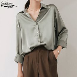 Autumn Long Sleeve Solid Color Women's Shirts Spring Satin Silk Singel Breasted Blouse Women Korean Fashion Tops 11425 210427