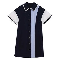 PERHAPS U Navy Blue Patchwork Turn Down Collar Button Flare Short Sleeve Mini Dress Casual Loose Summer Women Female D1655 210529