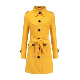 Women's Wool & Blends Winter Coat Women Elegant Trench 2021 Korean Fashion Pure Colour Back Slit Woollen Waist Down Slim Tweed With Belt