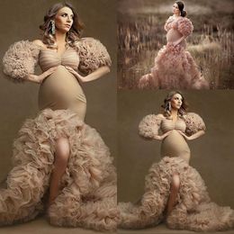 2021 Ruffles Şampanya Tül Kimono Kadınlar Abiye Robe Photoshoot Yarım Kollu Kapalı Omuz Balo Abiye Afrika Mermaid Split Annelik Elbise Fotoğrafçılık