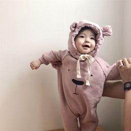 Baby Girl Romper Grube i aksamitne Bear Ear Print Luźne Kombinezon Wspinaczkowy Garnitur Toddler 210515
