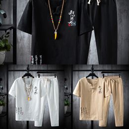 (Shirt + trousers) summer Cotton and linen men shirts high quality men's embroidery Short sleeve shirts men size M-5XL TZ020 X0610