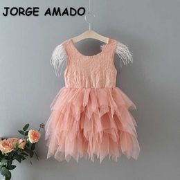 Flower Girl Dress Feather Sleeve Lace Cake Sequins Fluffy Tulle Party Kids Princess es for Girls Baby Clothes E13846 210610