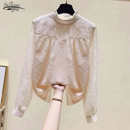 Spring Elegant Ruffle Blouse Long Sleeve Stand Collar Chiffon Shirt Women Pink Tops Womens and Blouses Blusas 13014 210521