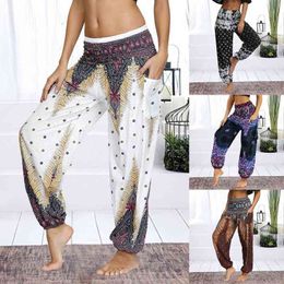 Women's Loose Yoga Pants Boho Print High Waist Casual Trousers Sweatpants Women Summer Beach Plus Size Baggy Aladdin Harem Pants H1221