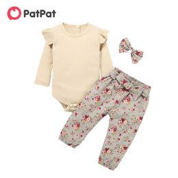 Arrival Spring and Autumn Baby Girl Solid Long-sleeve Bodysuit Flower Print Belted Pants Sets Clothing 210528