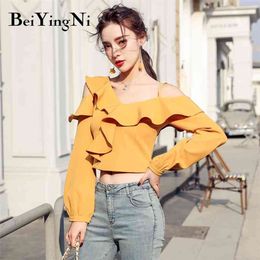 Sexy Off Shoulder Cropped Tops Female Solid Colour Long Sleeve Ruffles Casual Blouses Women Elegant Korean Shirts 210506