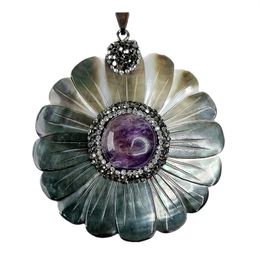 Big Pendant Sun Flower Carved Natural Black Shell with Amethyst Jewelry Gift 5 Pieces