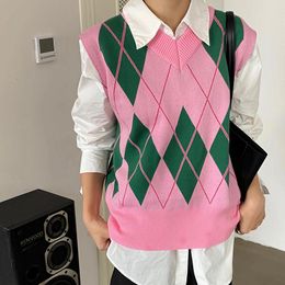 Women's Sweaters Streetwear Pink Sweater Vest Women 2021 Autumn Sleeveless Argyle Knitted Waistcoat Gilet Femme Chaleco Punto Mujer