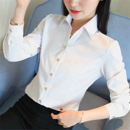Korean Women Shirts Office Lady V-neck White Shirt Long Sleeve Woman Striped Blouses Tops Plus Size Print Top 210531