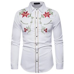 Men's Fashionable Embroidered Shirt Western Style With Flowers Long Sleeve Casual Shirts